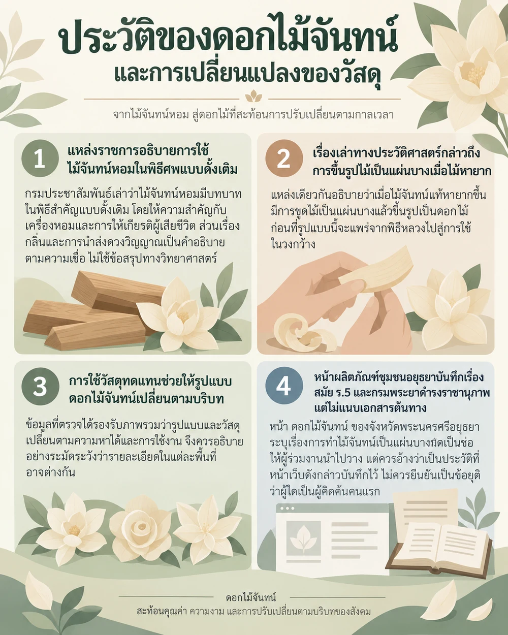 ประวัติของดอกไม้จันทน์และการเปลี่ยนแปลงของวัสดุ