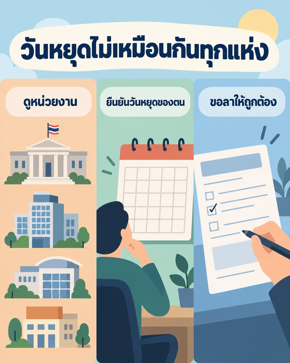 แยกวันหยุดราชการ วันหยุดของนายจ้าง และวันลา